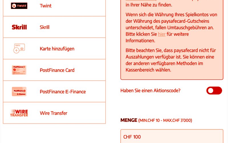 Swiss4Win Casino Zahlungsmethoden Twint PostFinance